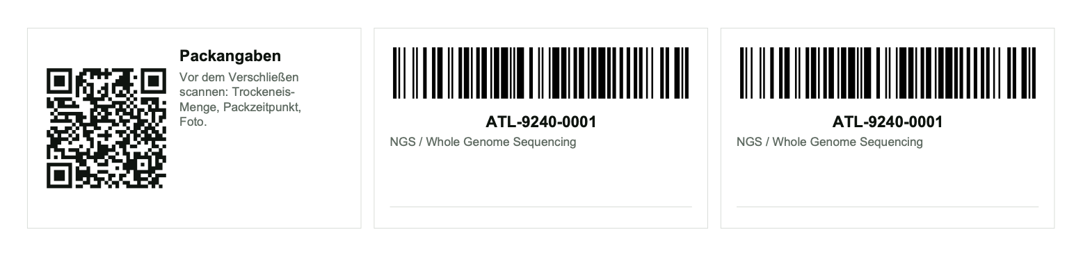 Label sheet: a QR code for the pack capture, followed by two barcode labels carrying the sample identifier.